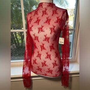 NWT🌷Free People Lady Lux Jacquard Sheer Mock Neck Long-Sleeve Layering Top
